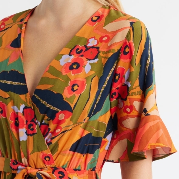 Floral Wrap Maxi Dress Halogen Medium Orange V Neck Rayon - Picture 3 of 11